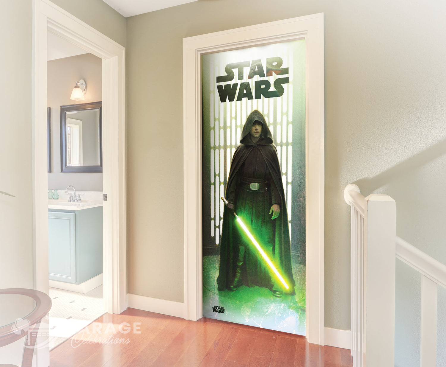 Decorative door with a Star Wars design featuring a hooded figure with a green lightsaber.