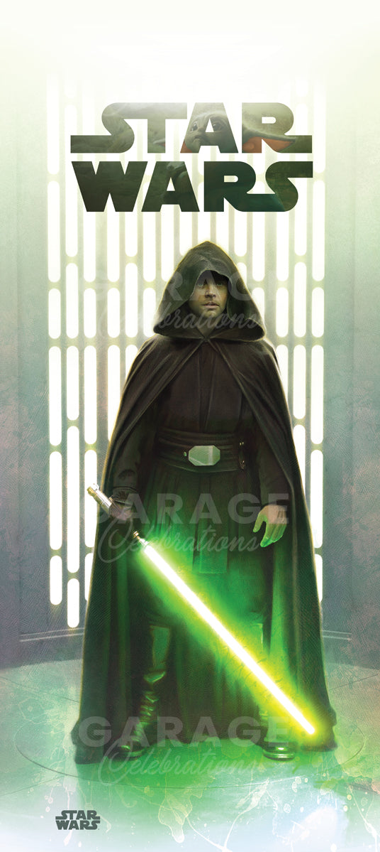 Luke Skywalker in a dark robe with a green lightsaber against a light gray background with 'Star Wars' branding.