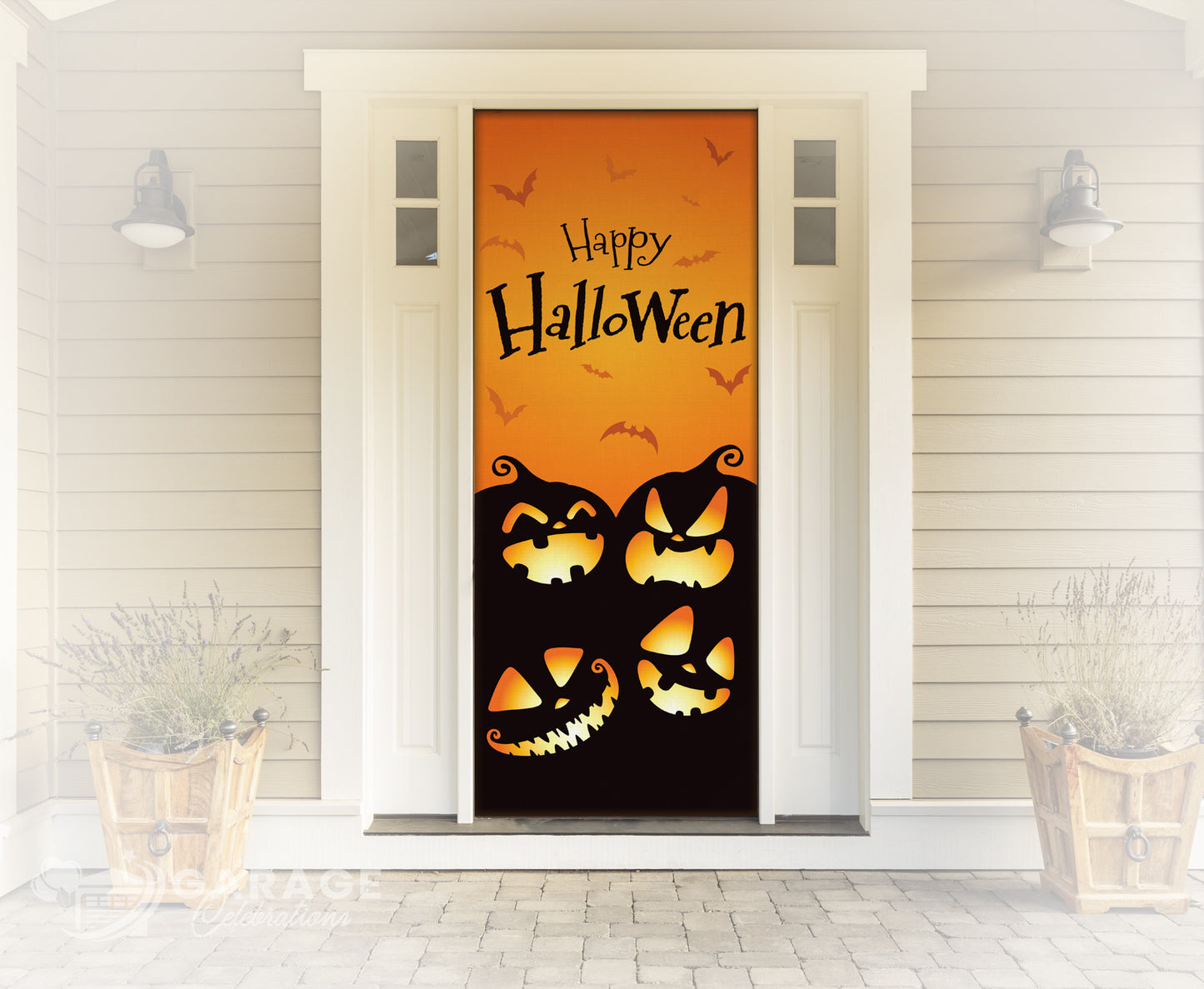 Halloween-themed door cover with pumpkins and 'Happy Halloween' text on a house exterior.