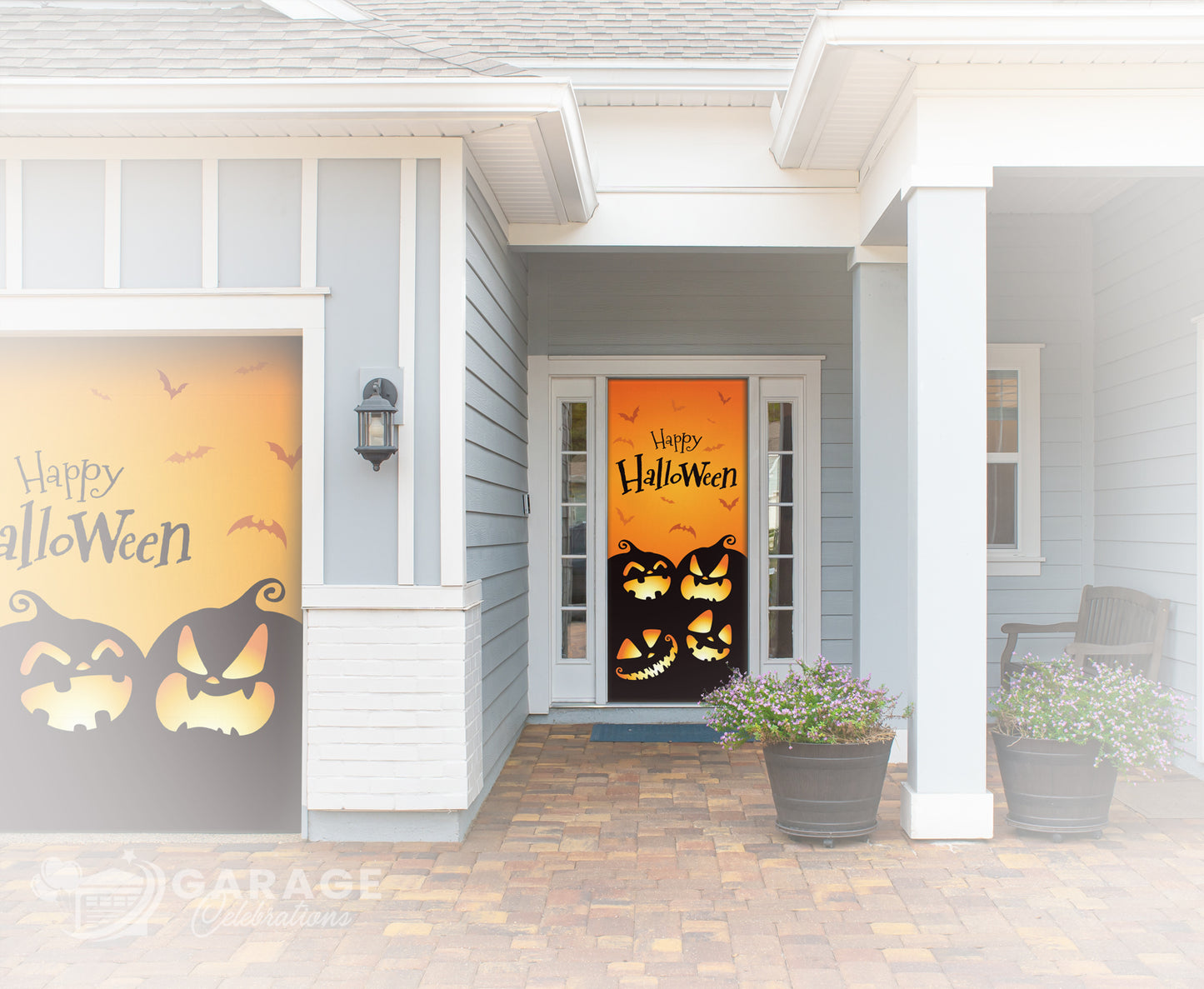 Halloween-themed garage door with Pumpkins on a house exterior.