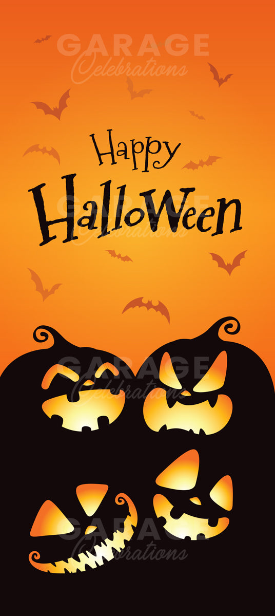 Halloween-themed design with glowing jack-o'-lanterns and 'Happy Halloween' text on an orange background.