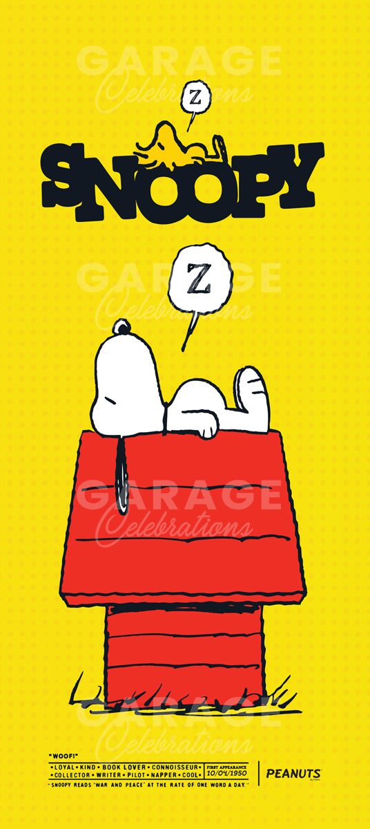 Snoopy lying on a red doghouse with a yellow background, featuring the Peanuts brand.