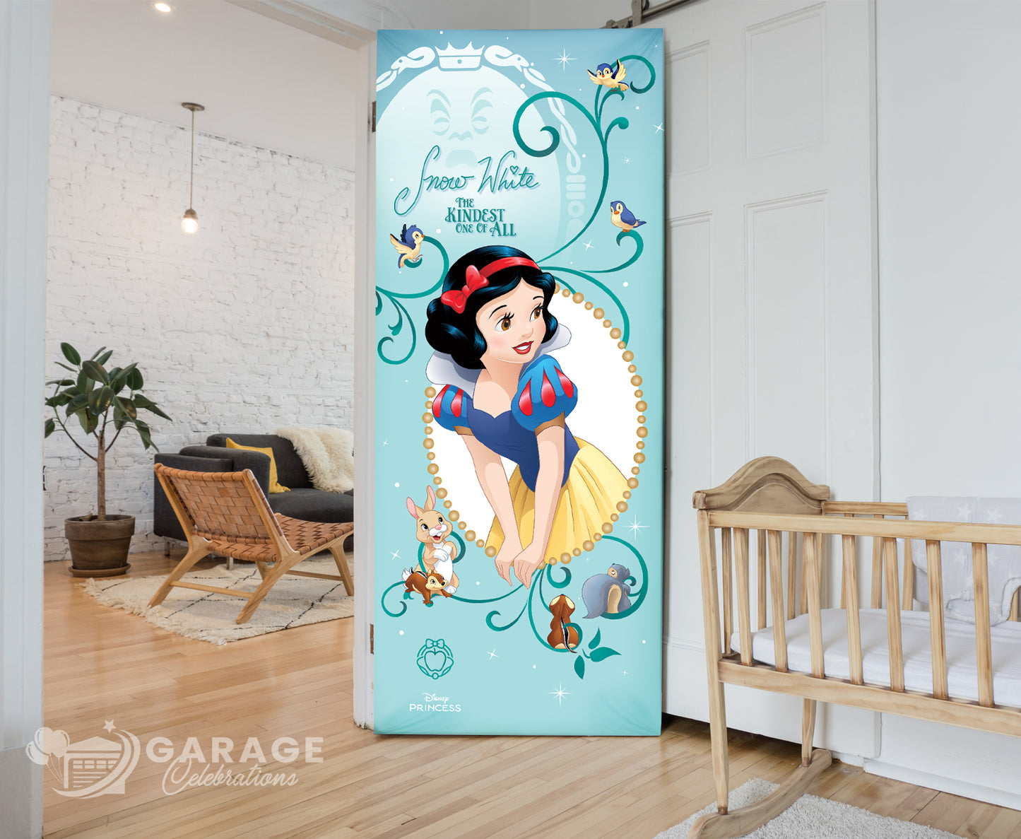 Decorative garage door with Snow White design in a room with a crib and plant.