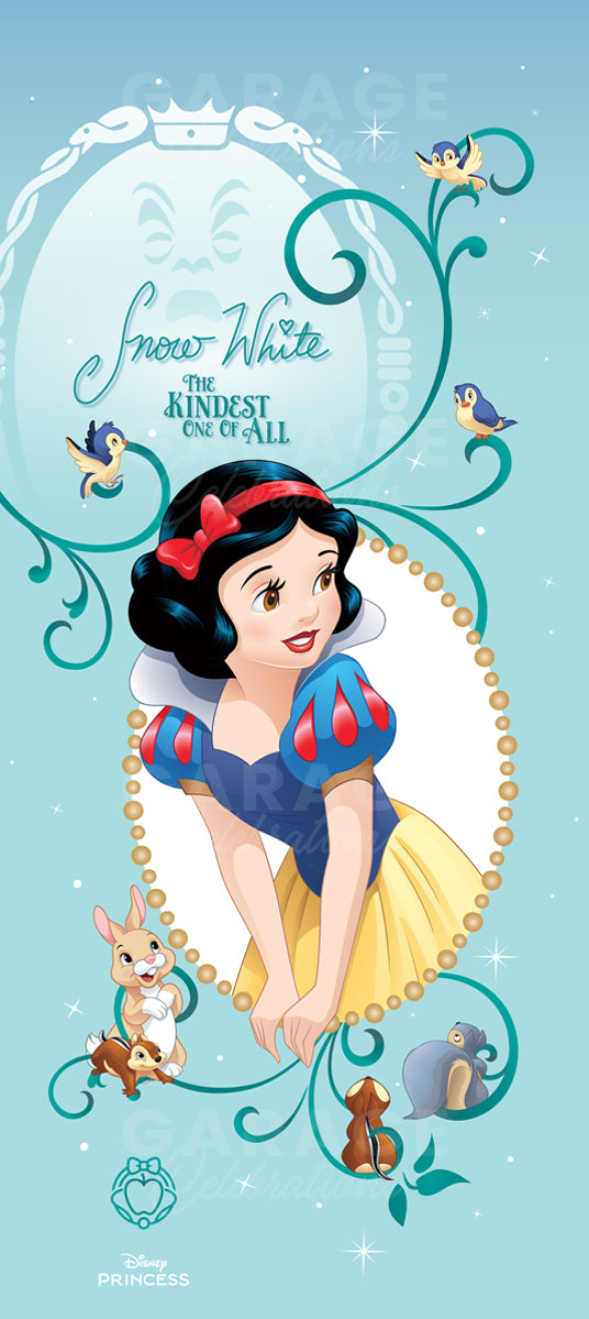 Snow White character with friends on a light blue background