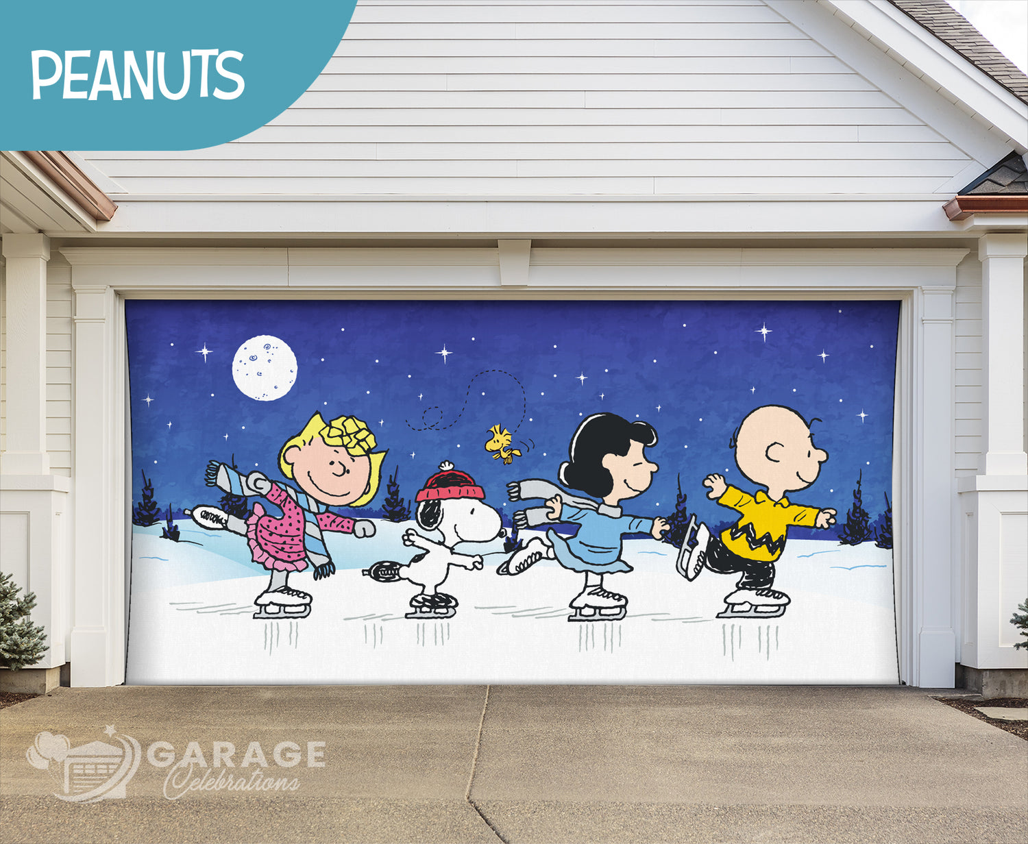 A garage door cover featuring cartoon characters from the Peanuts series, including Snoopy and Charlie Brown skating at night under a starry sky.