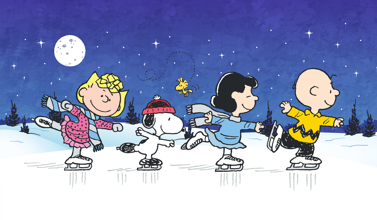 Christmas illustration featuring cartoon characters from the Peanuts series, including Snoopy and Charlie Brown skating at night under a starry sky.