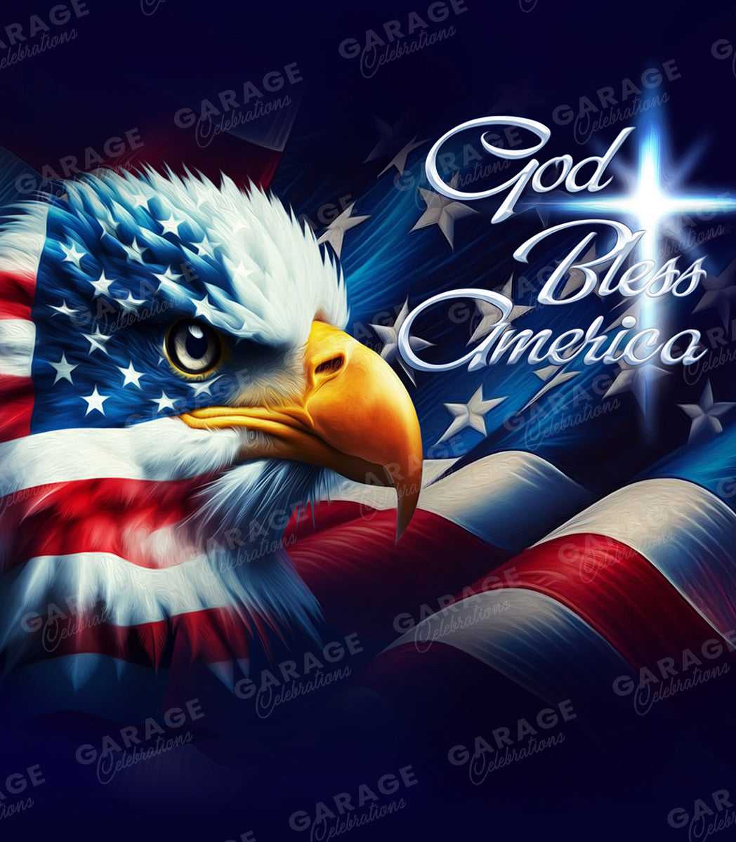 Eagle with American flag design and 'God Bless America' text on a dark background