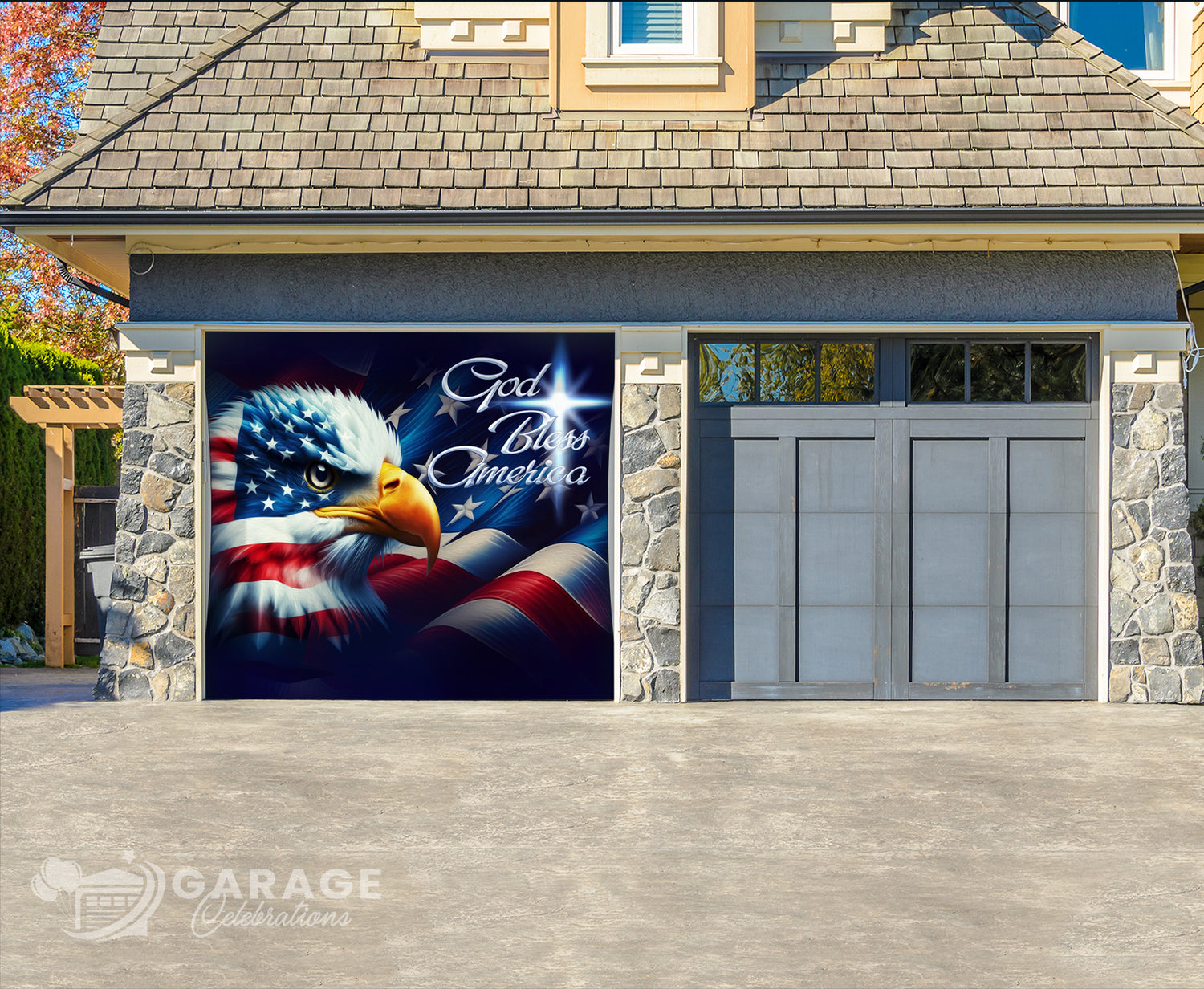 Garage door with an American flag and eagle design, featuring the text 'God Bless America'.