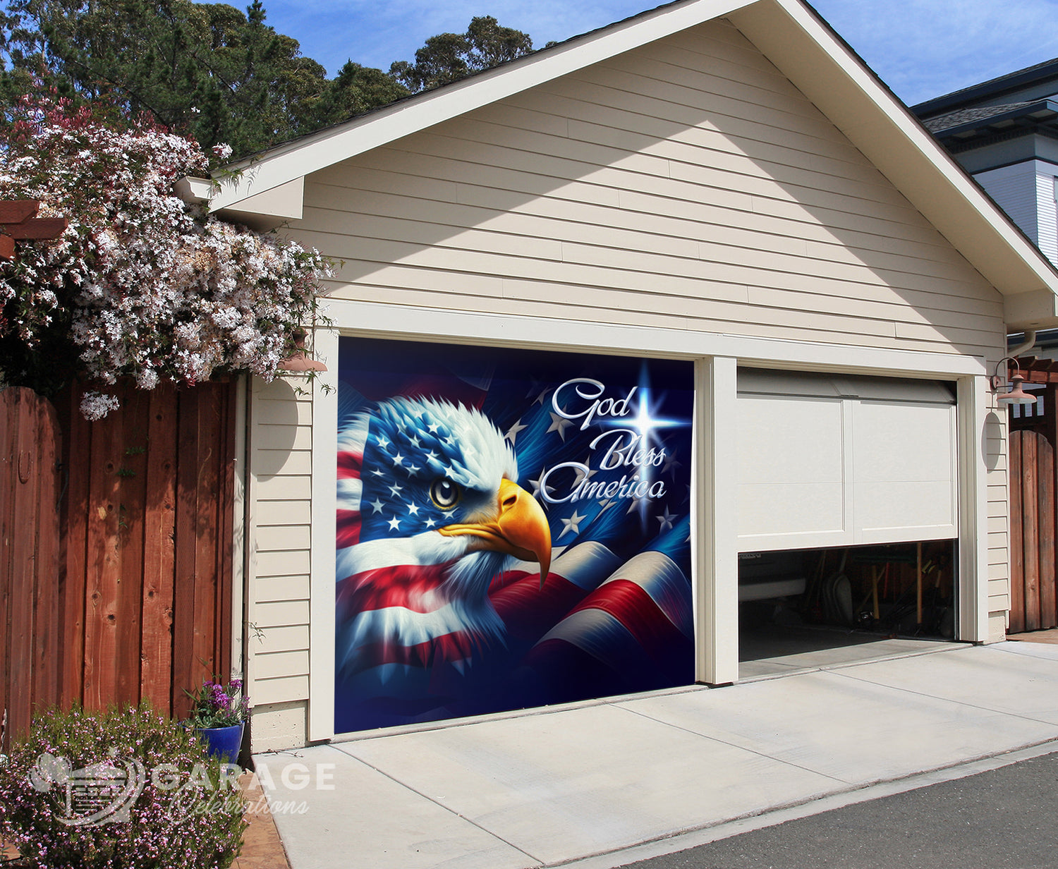 Garage door with an American flag and eagle design, featuring the text 'God Bless America'.