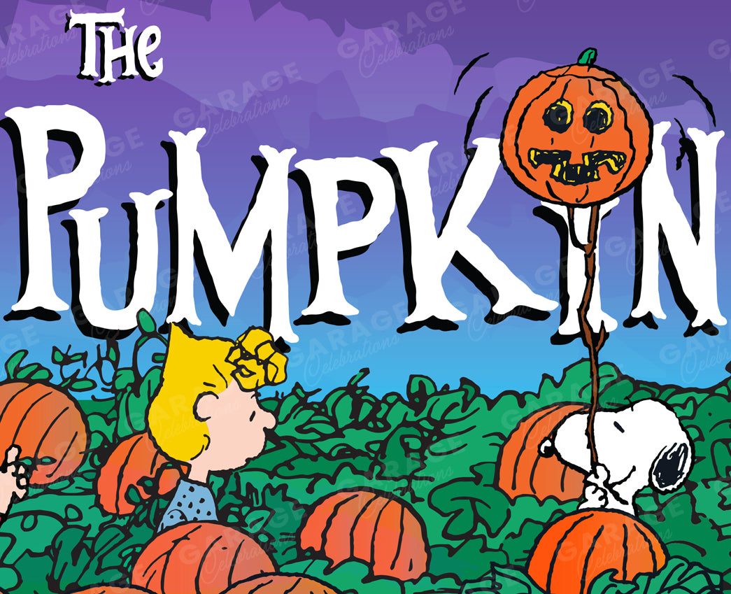 Snoopy and Linus in a pumpkin patch on a purple background.