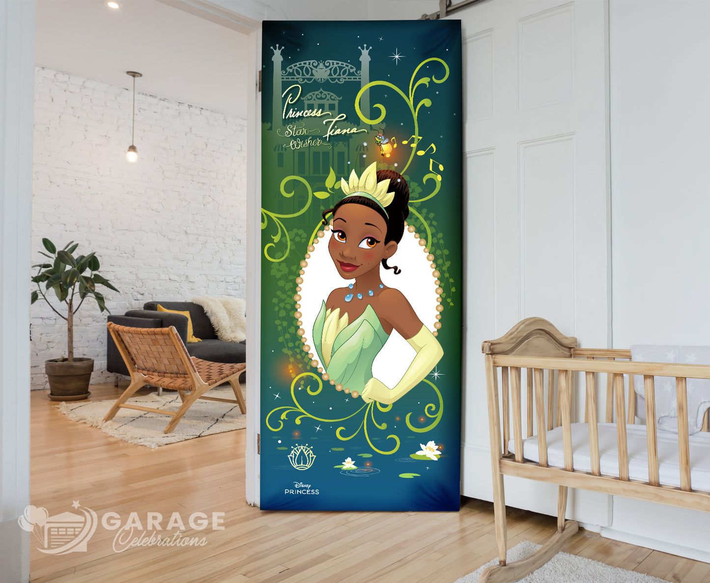 Decorative door with Princess Tiana design in a room with a crib and plant.