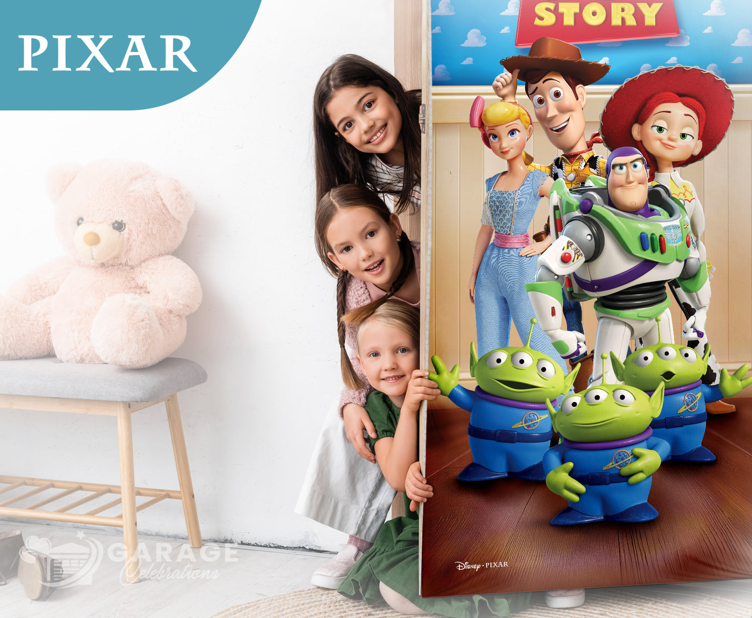 Children with a Pixar-themed poster featuring characters like Woody, Buzz Lightyear, and Aliens in a room with a teddy bear.