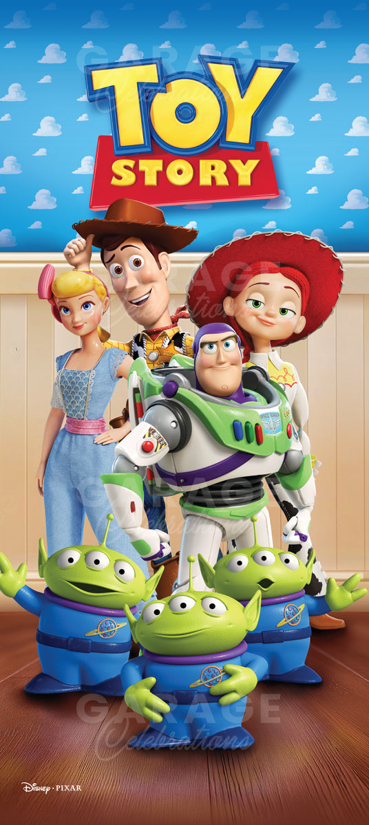 Toy Story characters with Woody, Buzz Lightyear, Jessie, and Aliens against a blue sky background.
