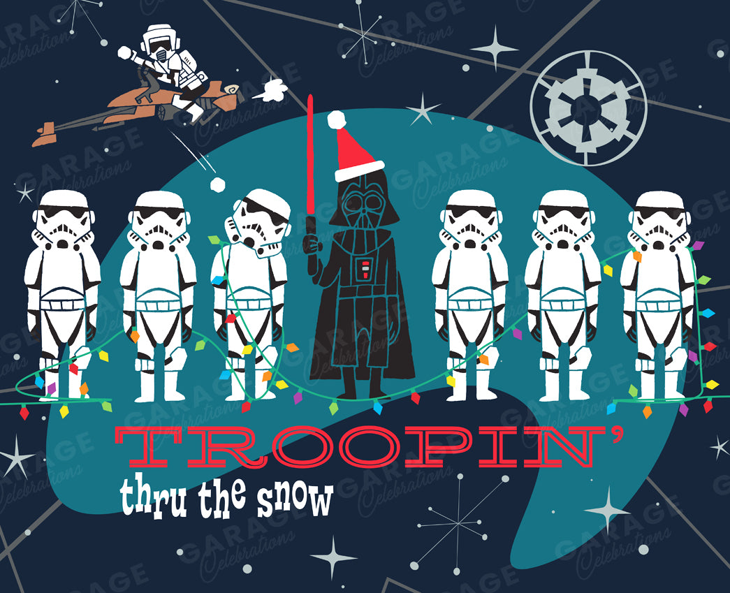 Illustration of Darth Vader and stormtroopers with Christmas elements on a dark blue background.