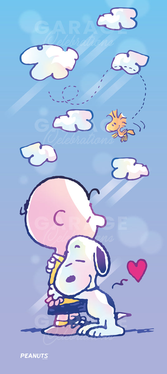 Cartoon characters Snoopy and Woodstock flying in the sky with clouds and a heart.
