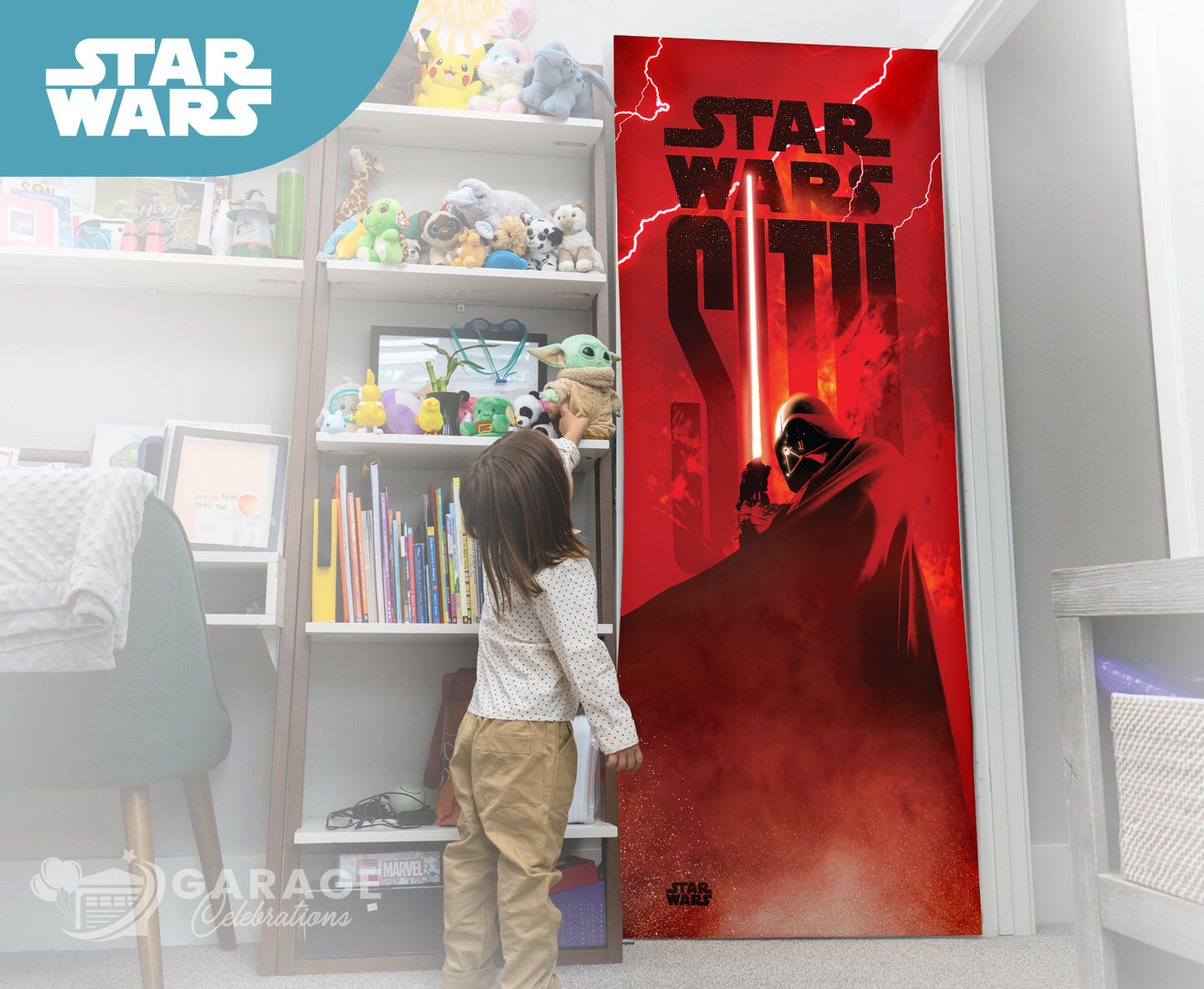 Child standing in front of a 'Star Wars' themed door decal in a room with shelves and toys.