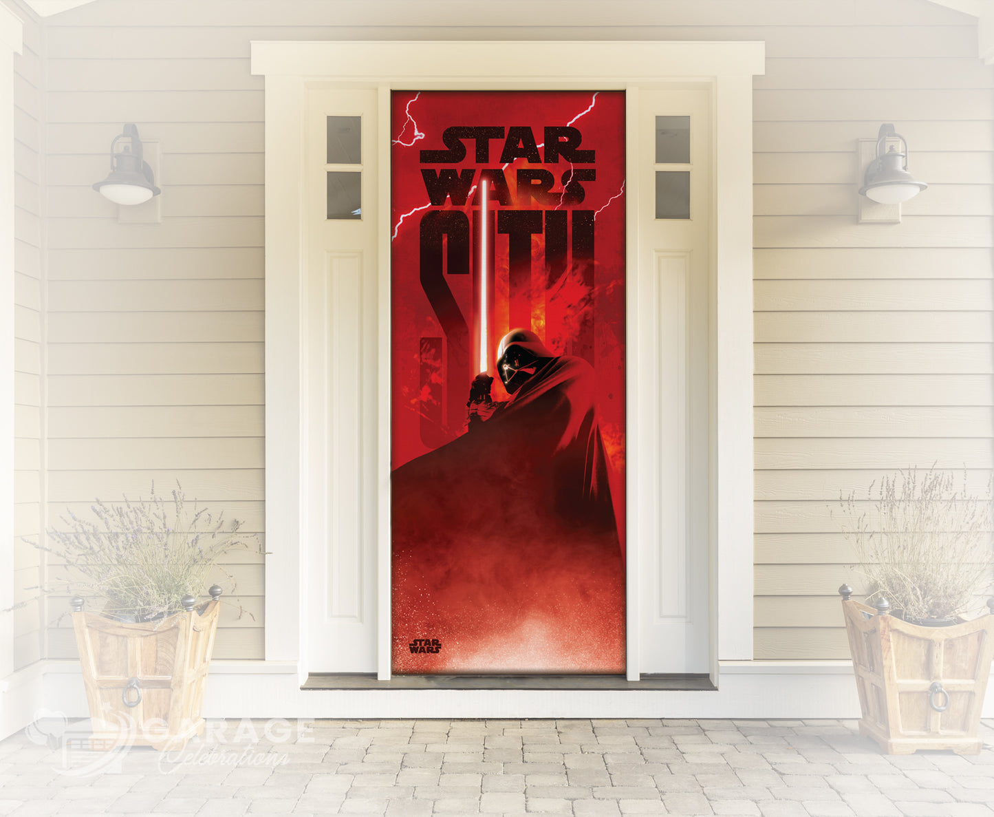 Door with a Star Wars-themed poster featuring a red background and character.