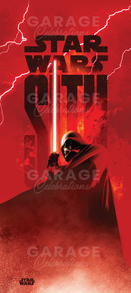 Star Wars poster with Darth Vader and a lightsaber on a red background