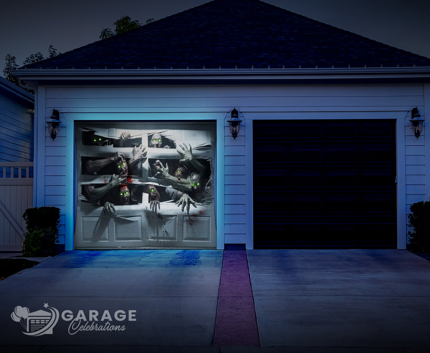 A garage door shown at night with zombies breaking out with scary green eyes and blood splatters.