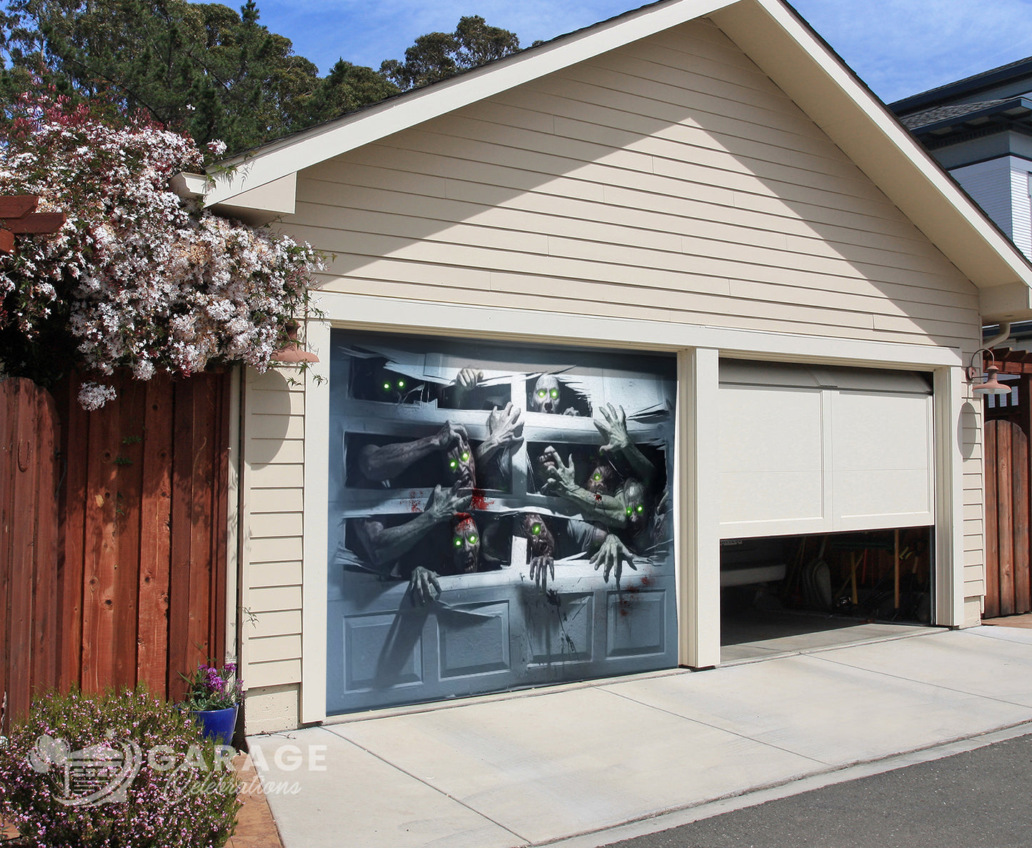Garage door with zombies breaking out, with scary green eyes and blood splatters.
