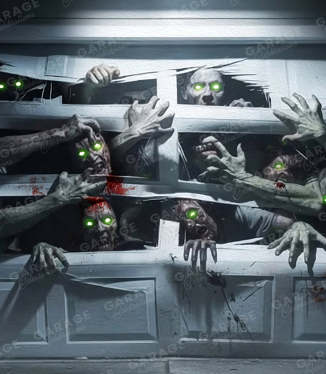 Horror scene with zombie hands reaching through a door
