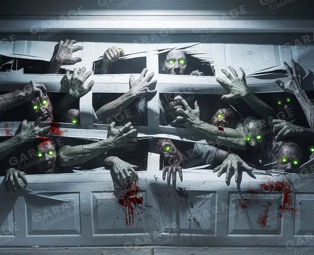 Garage door with zombies breaking out, with scary green eyes and blood splatters.