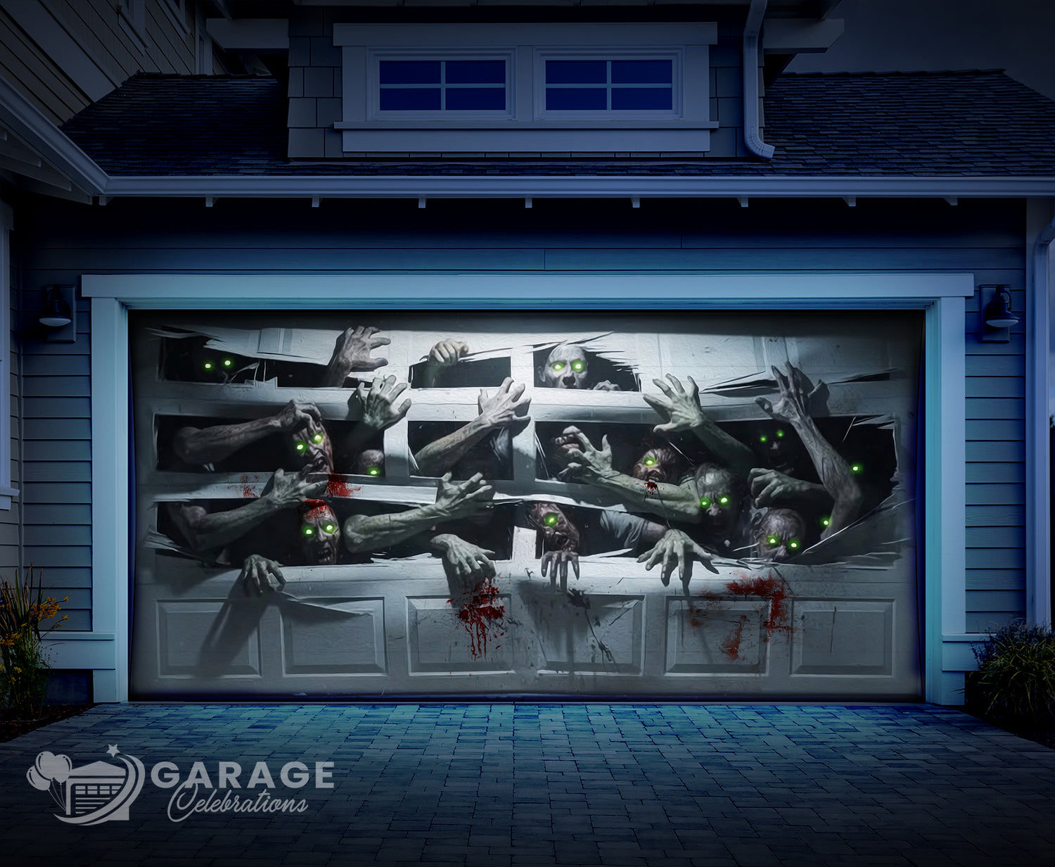 A modern home shown at night with zombies breaking out of the garage door with scary green eyes and blood splatters.