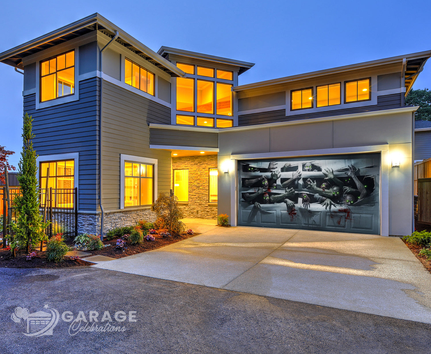 A modern home shown at night with zombies breaking out of the garage door with scary green eyes and blood splatters.