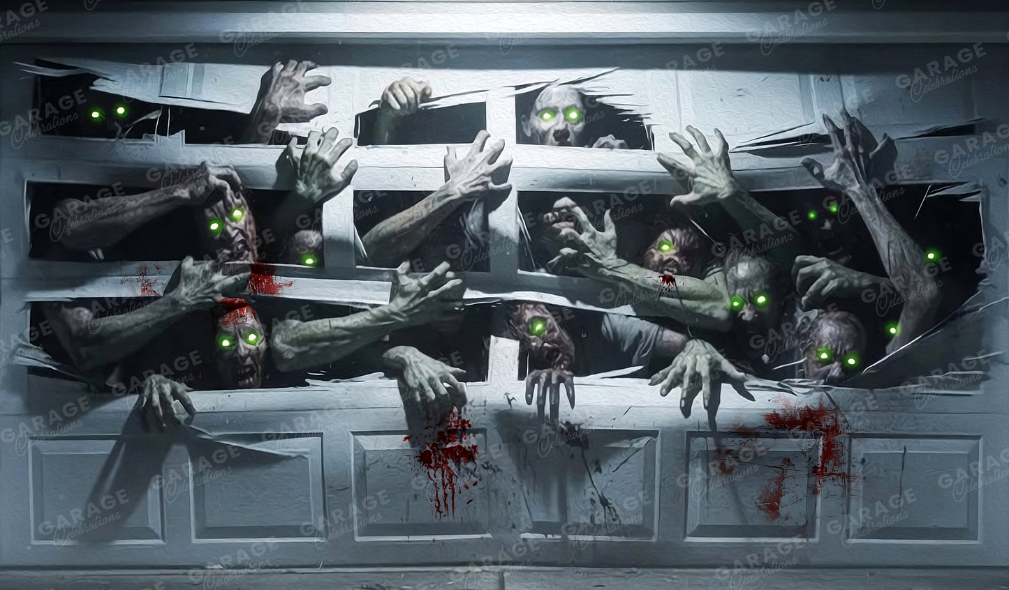 Horror scene with zombie hands emerging from a garage door