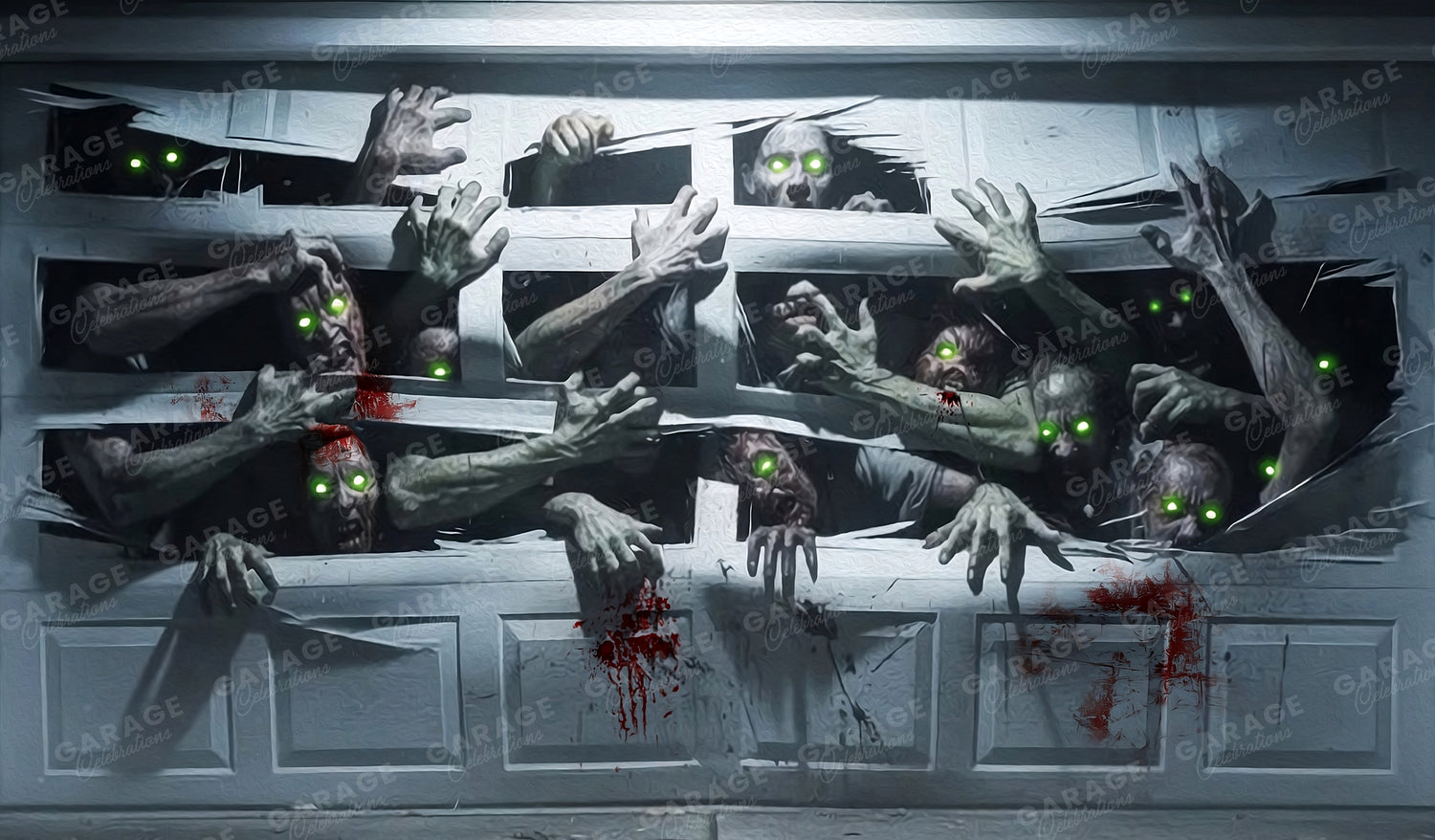 Horror scene with zombie hands emerging from a garage door